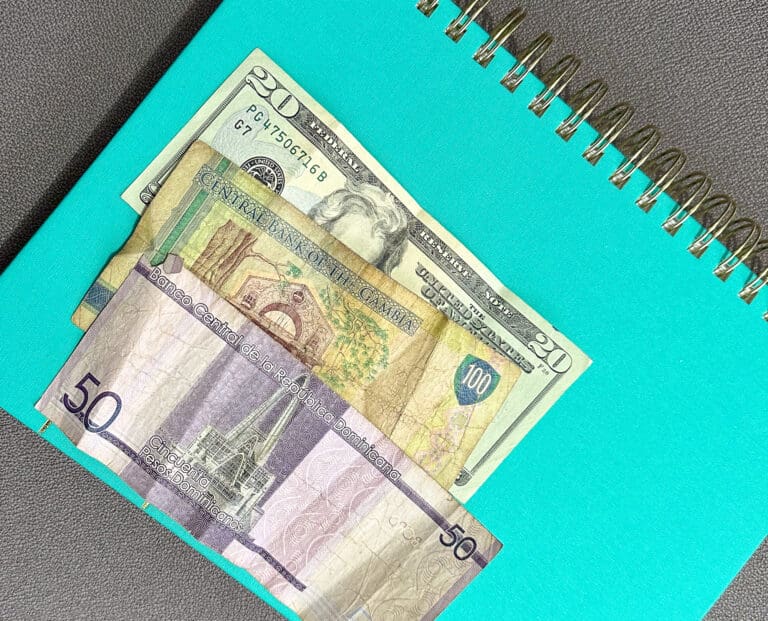 International bank notes on a notebook