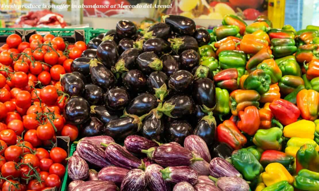 Fruit and vegetables on sale at a food market in Seville, Spain 
