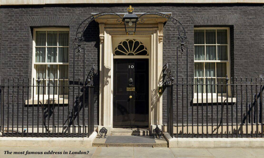 Black door of 10 Downing Street in London, England 
