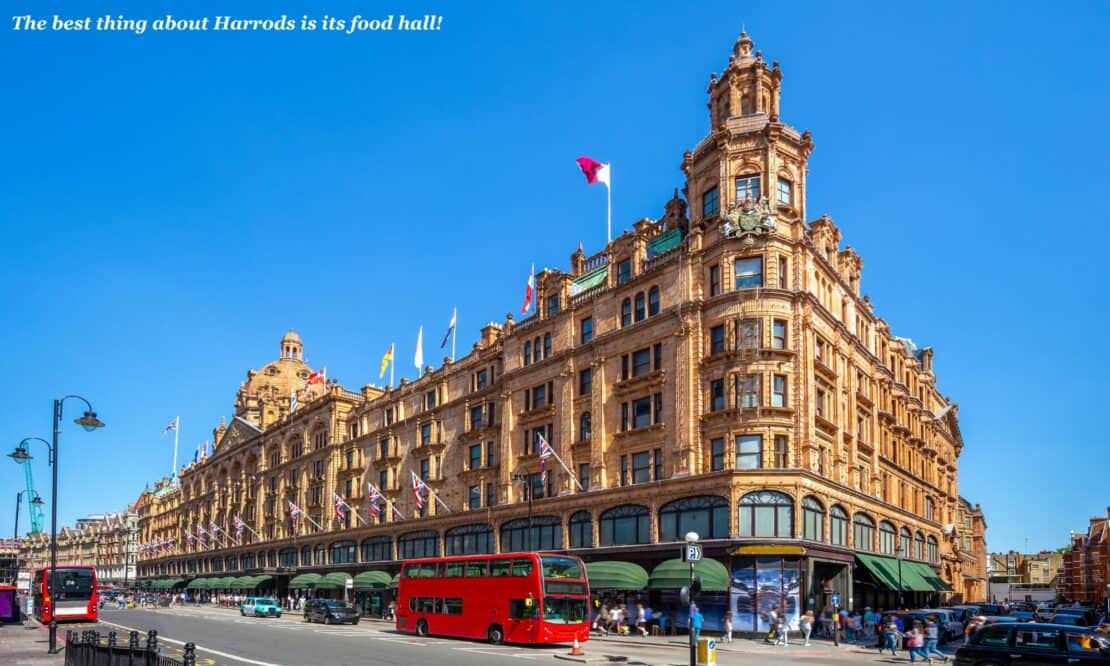 The exterior of Harrods on a sunny day in London, England 