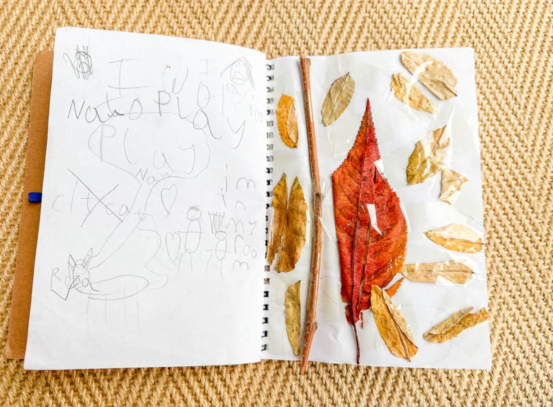 Nature collage in a kids travel journal