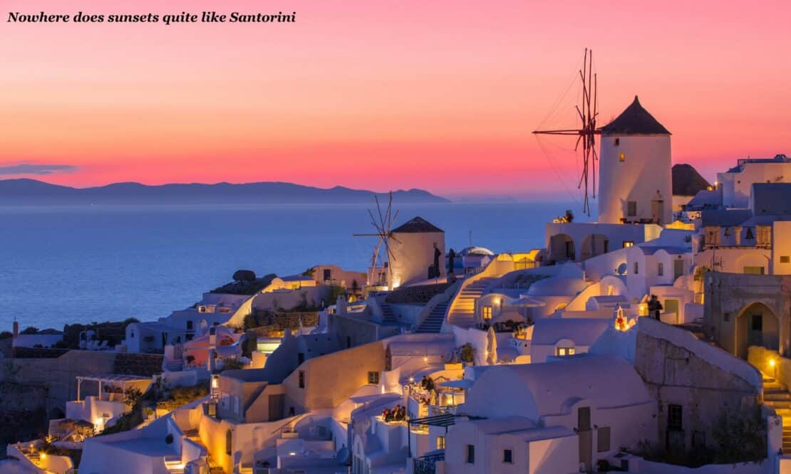 Sunset over the town of Santorini in Greece