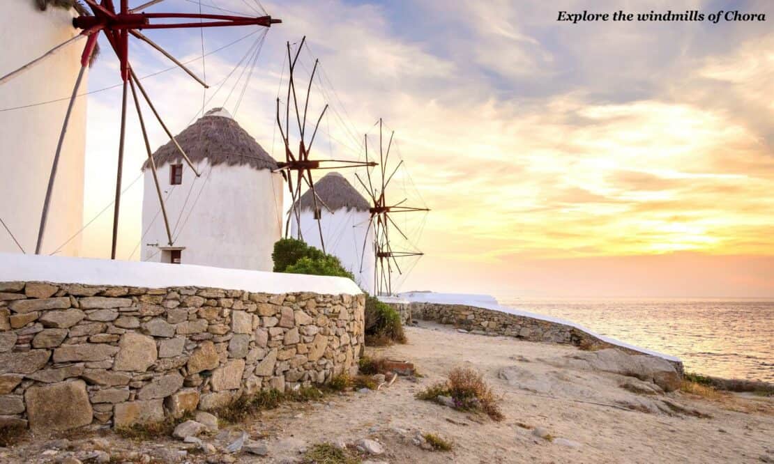 Windmills in Chora, Mykonos at sunset 