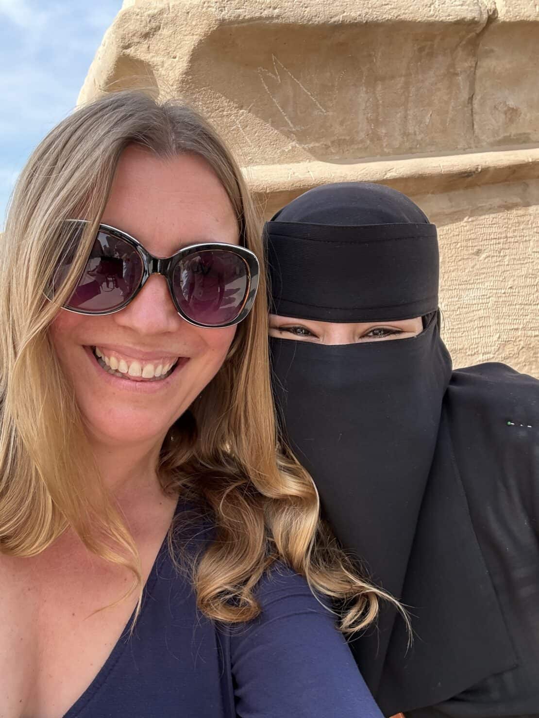Abigail King in a selfie with an Egyptian woman wearing a niqab in Luxor Egypt