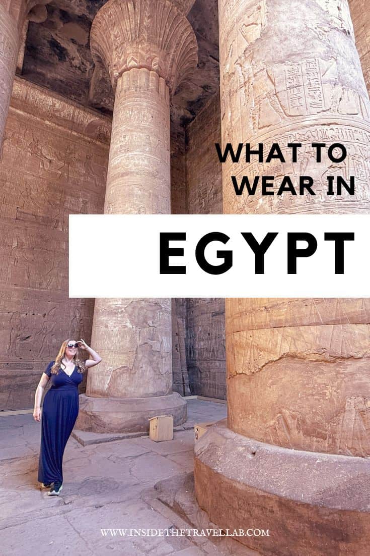 Cover image for what to wear in Egypt showing a white woman in a temple wearing a maxi dress