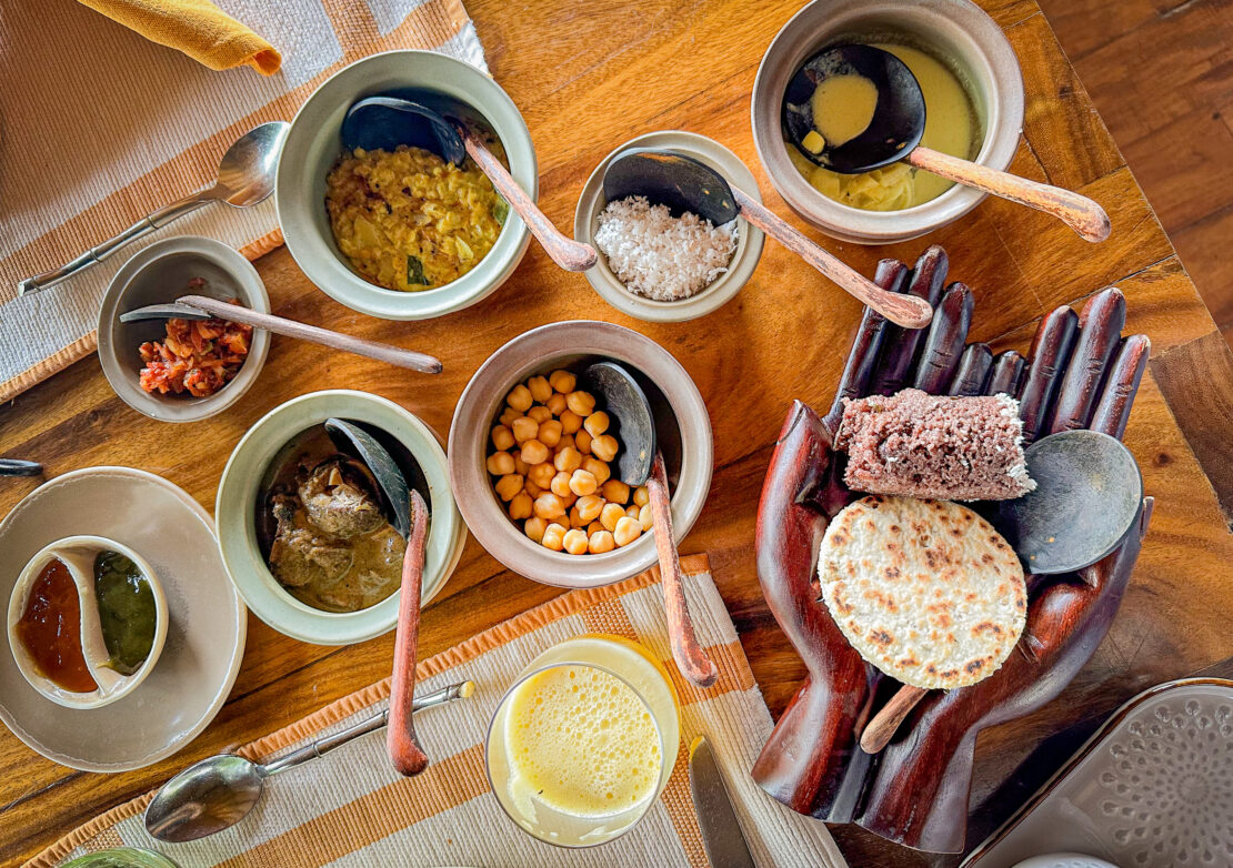 Platter of different dishes on the table in Sri Lanka