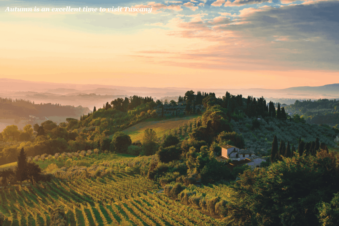rolling fields in autumn in Tuscany, Italy - trip to Tuscany