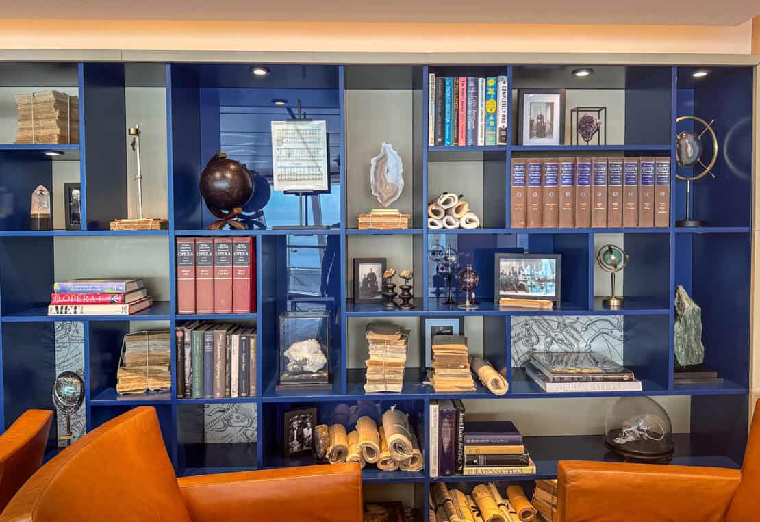 Bookshelves in the Explorer's Lounge. -Viking Jupiter cruise review