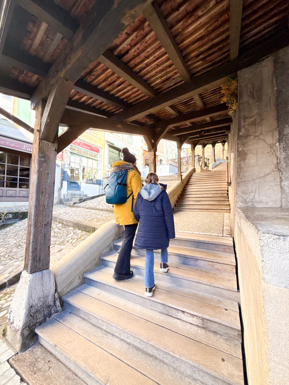 Mother and daughter on steps Marche Escaliers Lausanne Switzerland