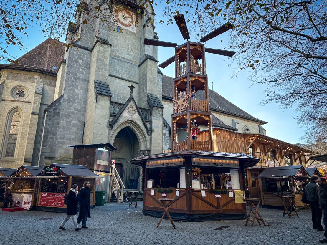 St Pierre Christmas Market Tower Lausanne Switzerland