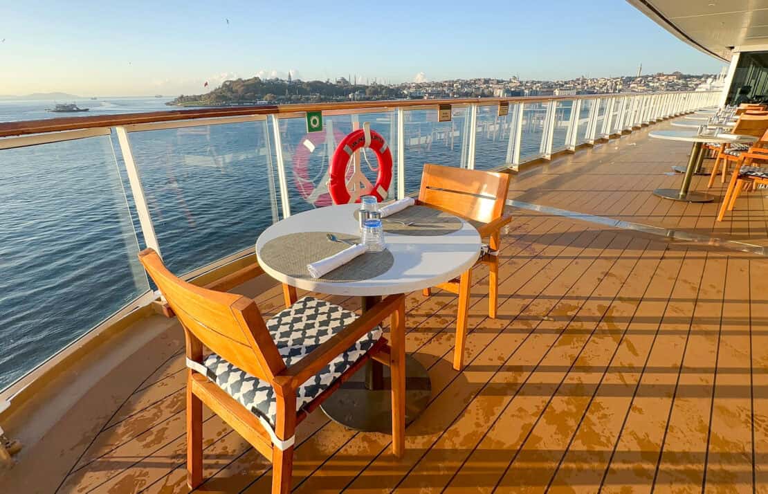 Viking Jupiter sunshine terrace in September with some rainwater on deck
