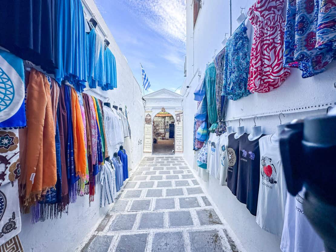 Blue and white shopping street in Lindos, Rhodes, Greece