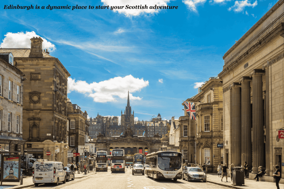Sunny street scene in Edinburgh - travel tips for Scotland