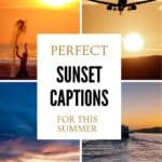 Collage of summer sunset scenes with golden skies, ocean views and travel moments at dusk
