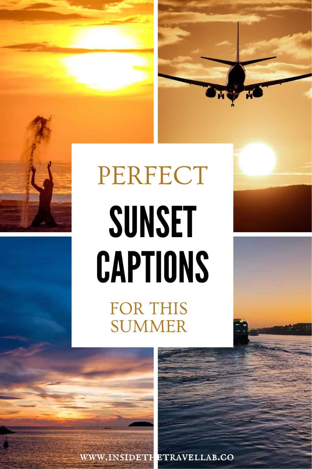 Collage of summer sunset scenes with golden skies, ocean views and travel moments at dusk