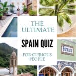 Collage featuring Spanish architecture, traditional food and village scenes for a Spain travel quiz and cultural trivia article