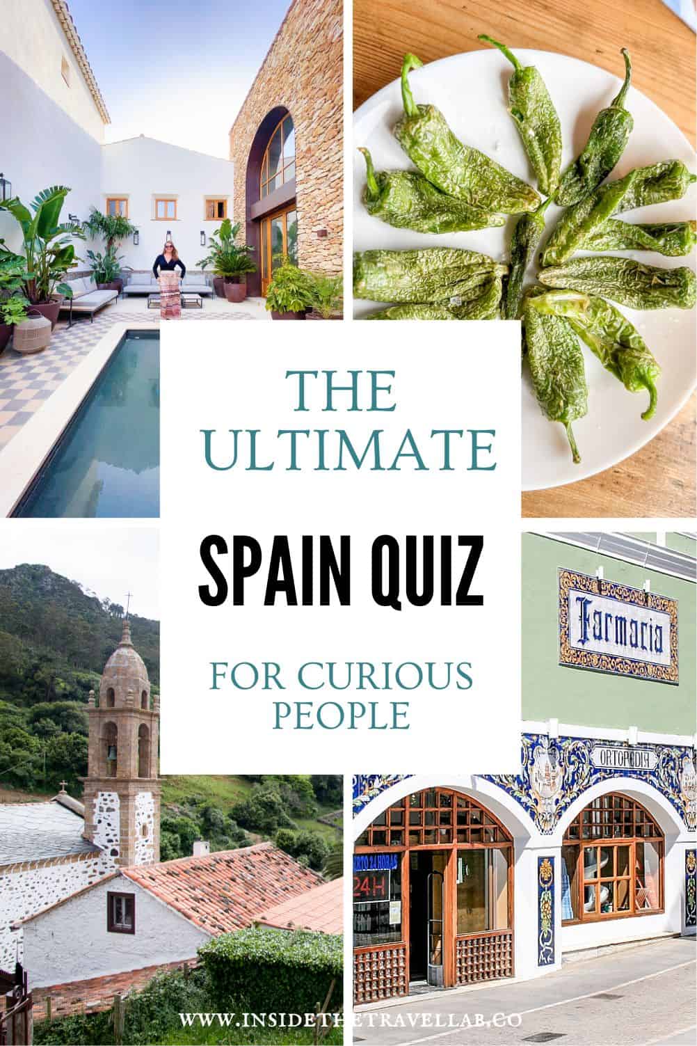 Collage featuring Spanish architecture, traditional food and village scenes for a Spain travel quiz and cultural trivia article