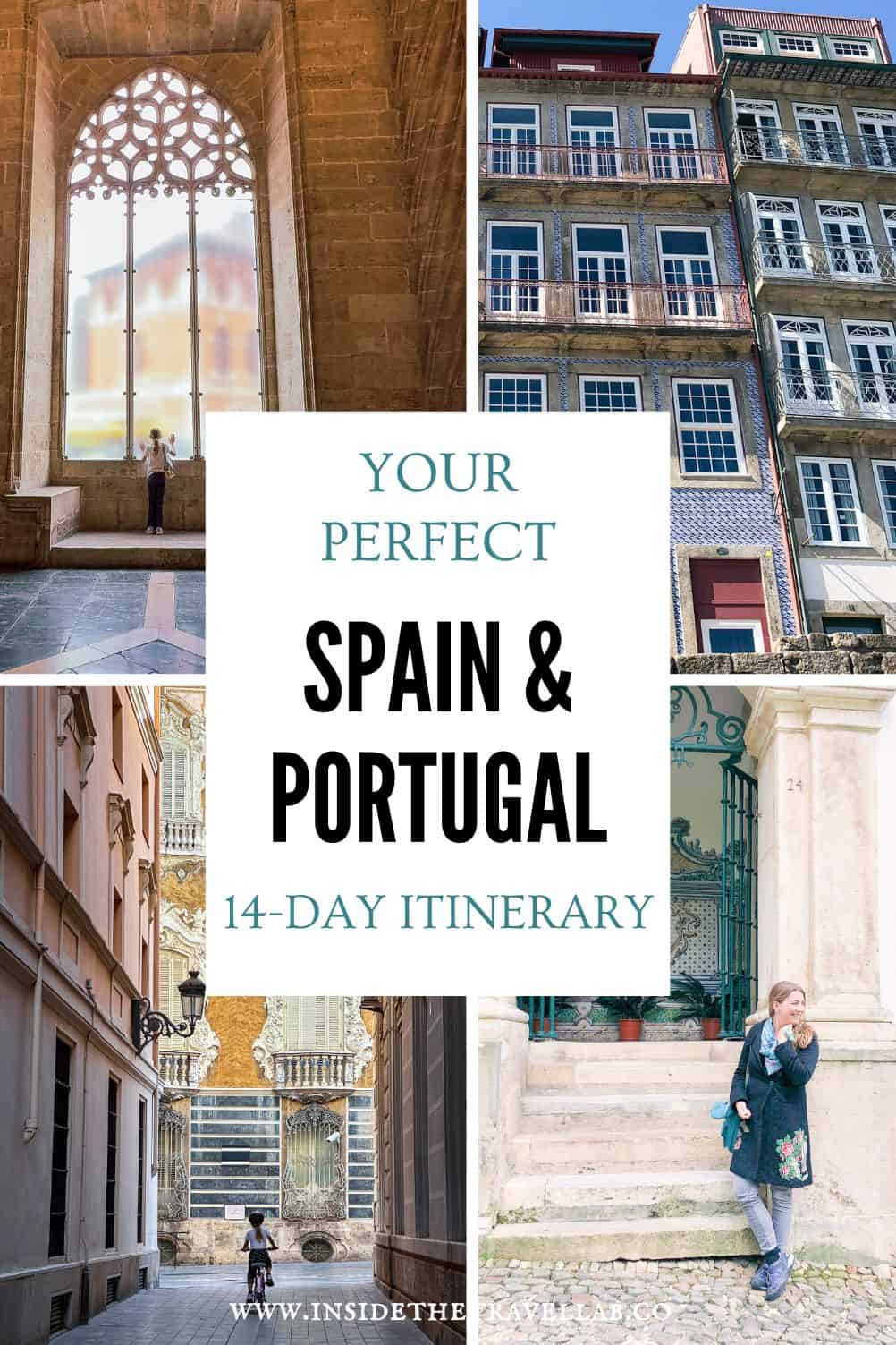 Montage of photographs from Spain and Portugal including Porto architecture, historic Spanish streets, cathedral interiors and European travel inspiration for an Iberian Peninsula itinerary.