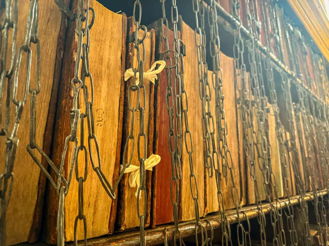 Historic chained books in the Chained Library at Hereford Cathedral