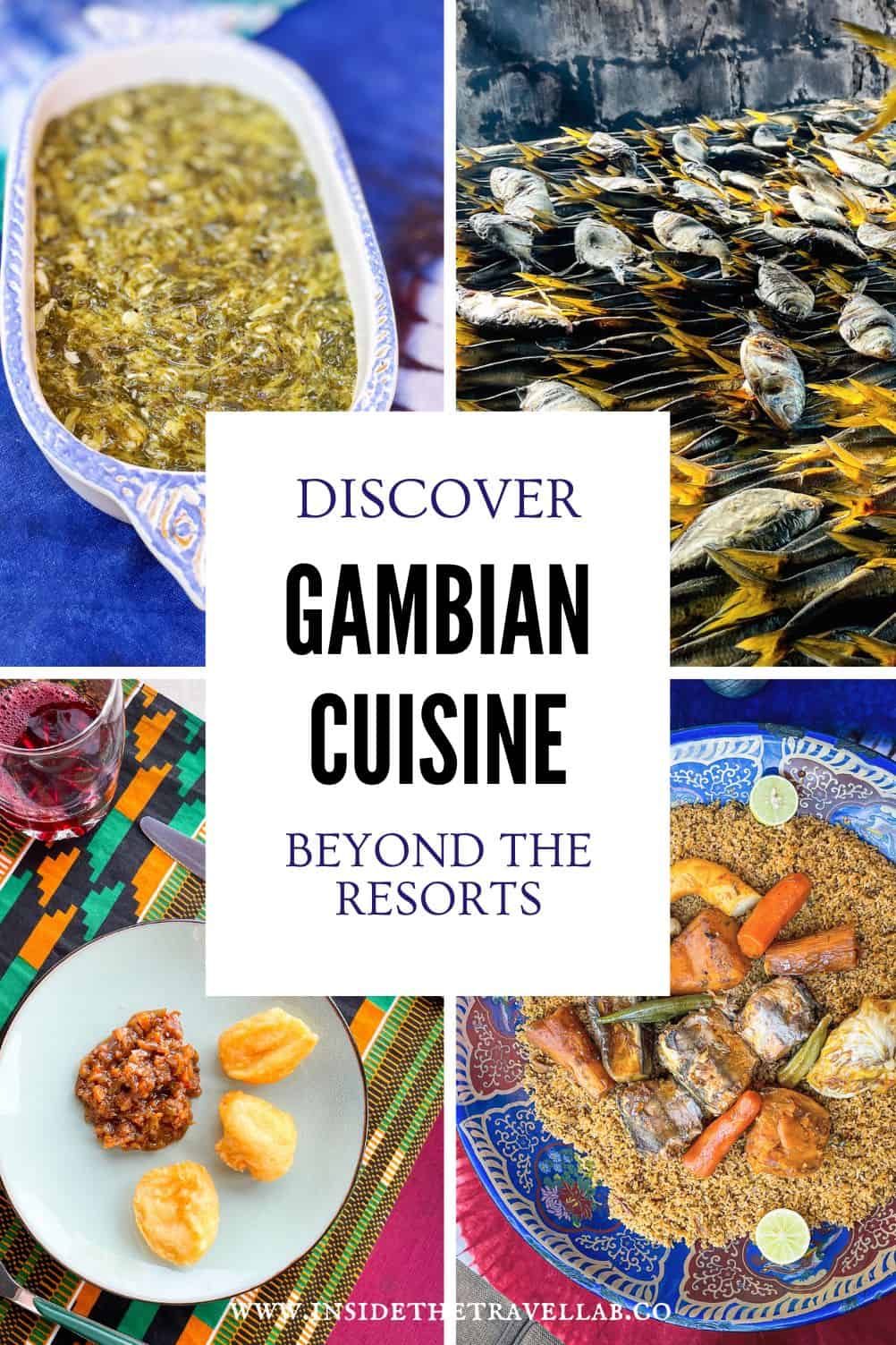 Collage of traditional Gambian dishes including smoked fish, local stews, couscous-style grains and regional ingredients served on colourful plates