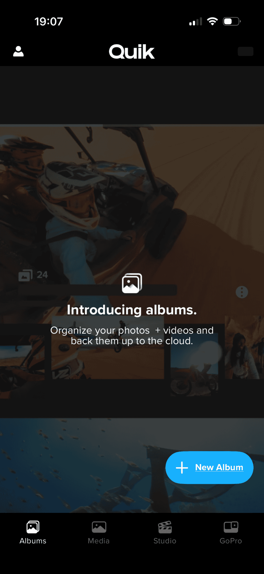 Homepage of the GoPro Quik app