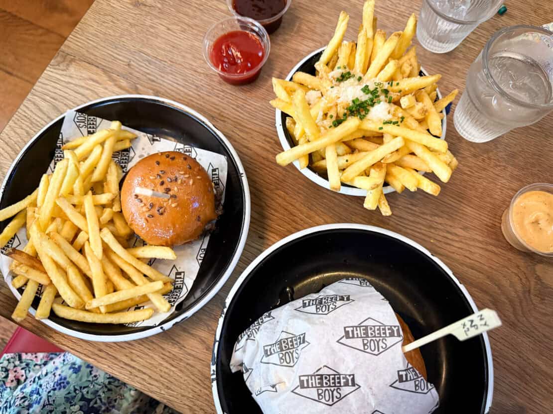 Burger platter with burgers and chips at The Beefy Boys restaurant in Hereford