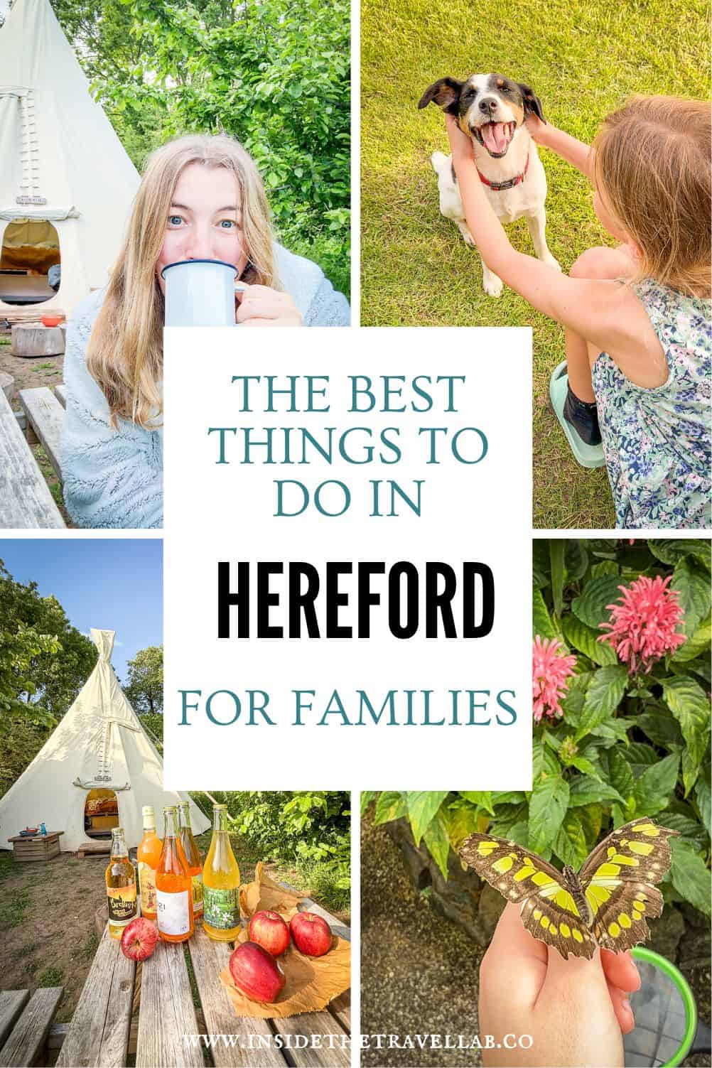 Family enjoying a Herefordshire countryside break, with glamping in a tipi, a child playing with a dog, butterfly encounters and outdoor nature experiences