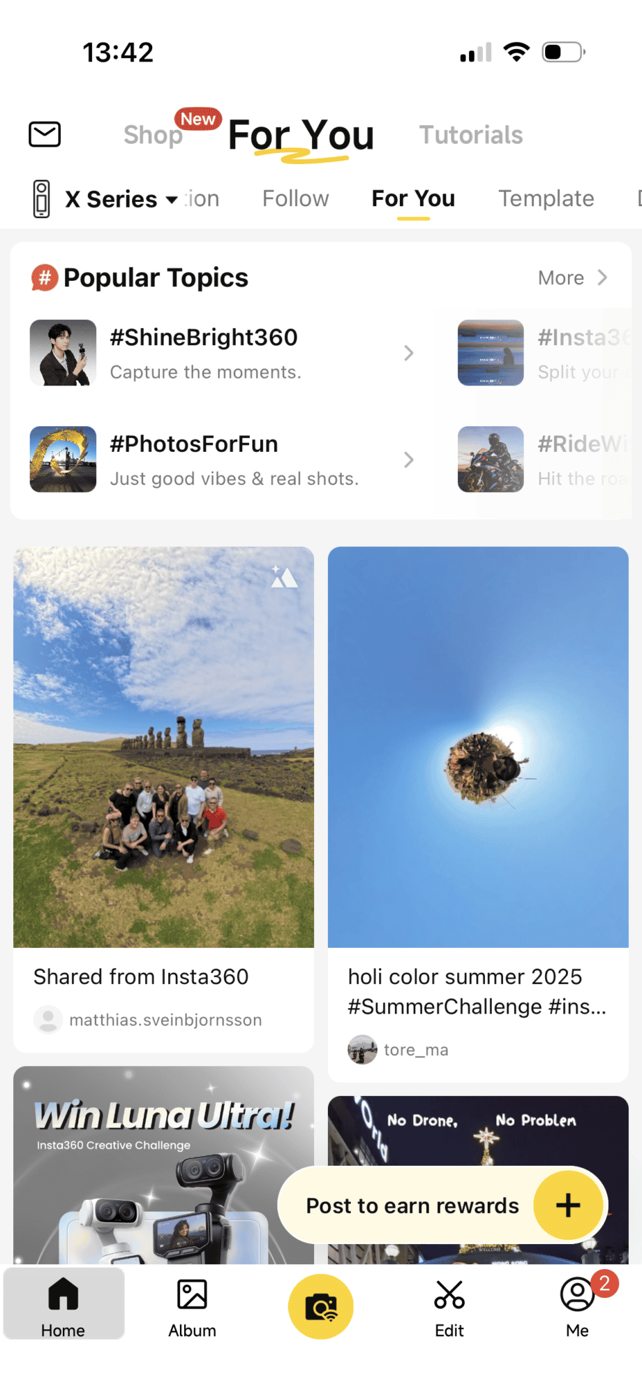 Homepage of the Insta360 App