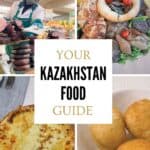 Collage of traditional Kazakhstan food featuring local meat dishes, dairy products, pastries and regional specialities served across Kazakhstan