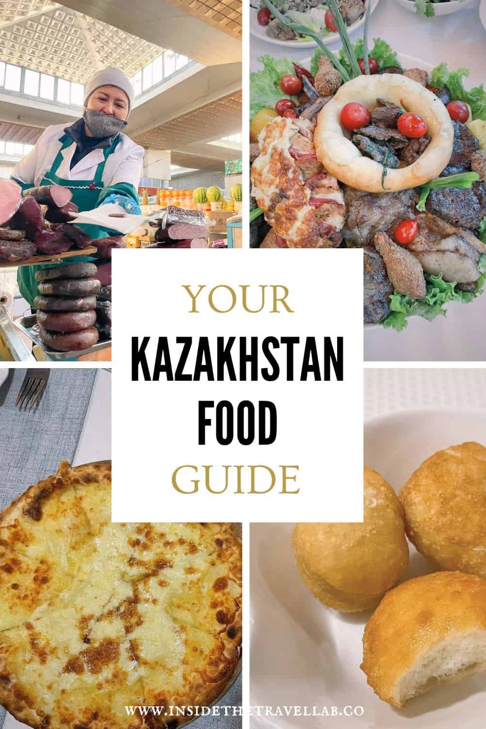 Collage of traditional Kazakhstan food featuring local meat dishes, dairy products, pastries and regional specialities served across Kazakhstan
