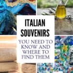 Collage of Italian souvenirs including a Venetian carnival mask, olive oil, Murano glass and traditional Italian cheese