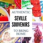Collage of authentic Seville souvenirs including hand-painted fans, flamenco dresses, ceramic tiles and traditional Spanish cured meats