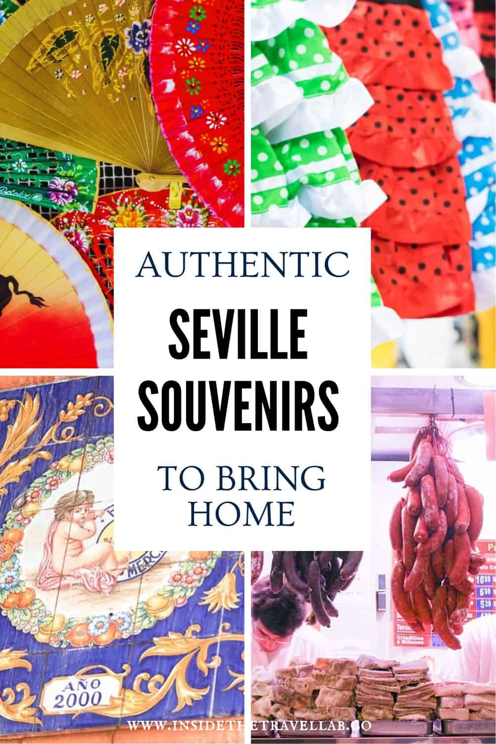 Collage of authentic Seville souvenirs including hand-painted fans, flamenco dresses, ceramic tiles and traditional Spanish cured meats