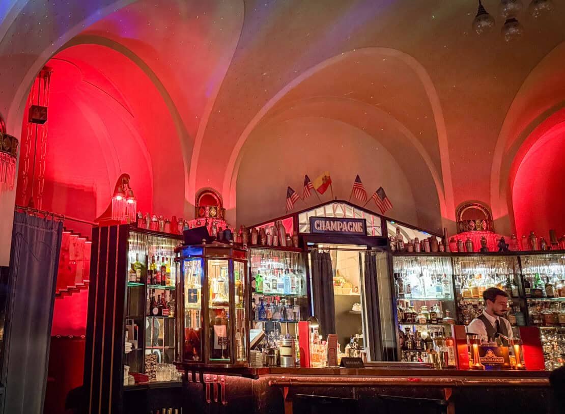 The retro interior of the atmospheric American Bar in Prague city centre