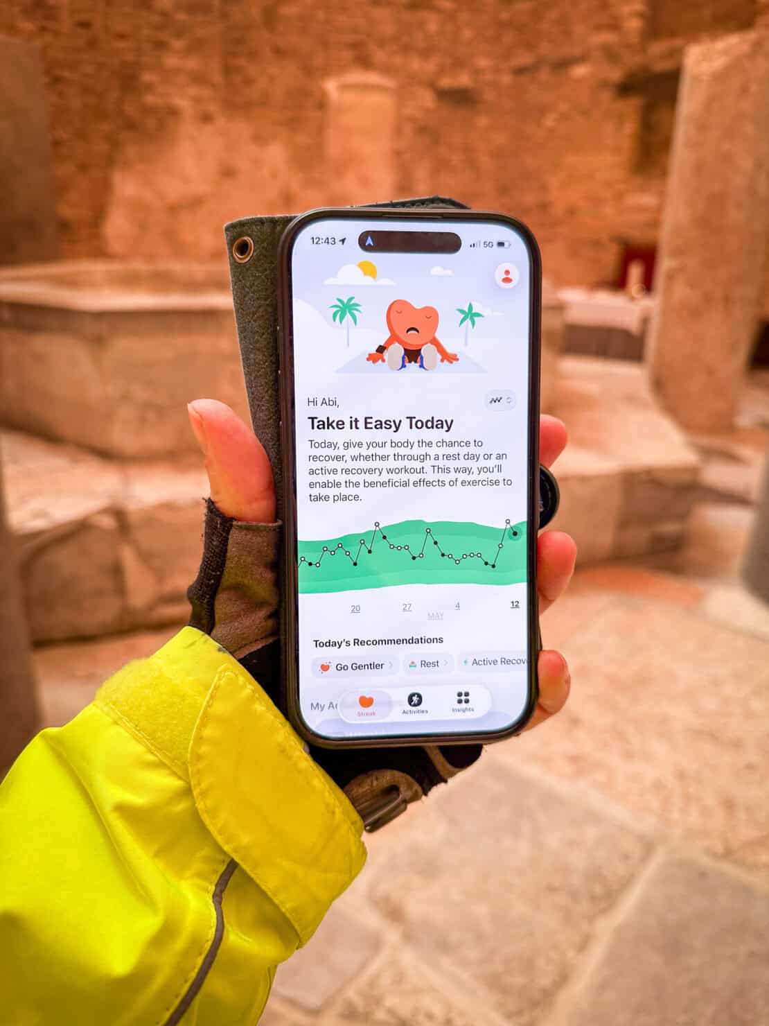 'Take it easy today' message on the Gentler Streak App in Alquileia UNESCO World Heritage Site Building