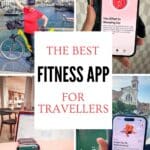 Collage showing a traveller cycling through a European city, checking a fitness app on a phone, using a smartwatch and staying active while travelling