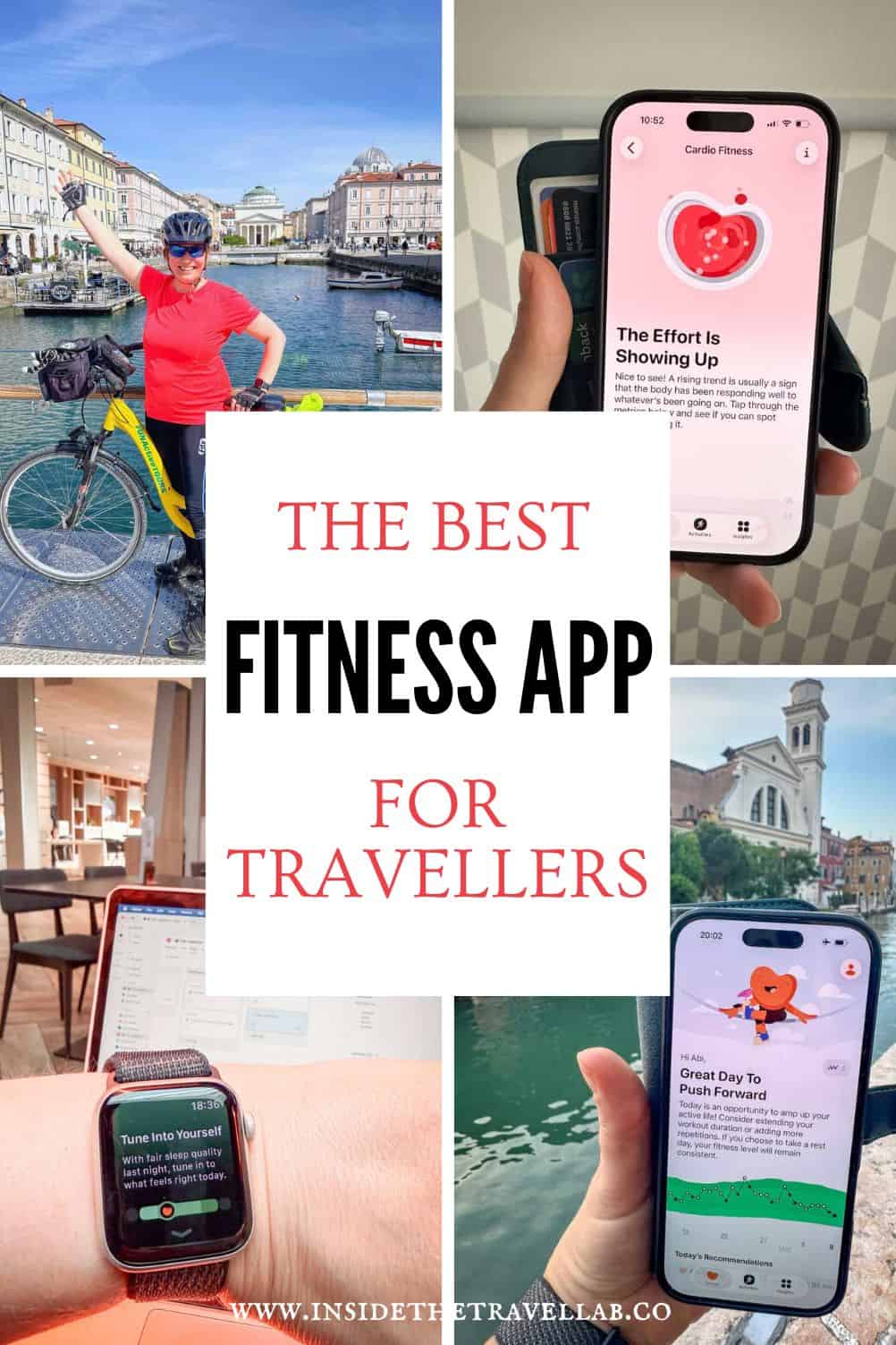 Collage showing a traveller cycling through a European city, checking a fitness app on a phone, using a smartwatch and staying active while travelling