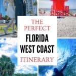 Collage of Florida's Gulf Coast featuring Miami Beach, a red lifeguard tower, a scenic coastal drive and underwater swimming