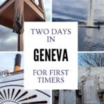 Collage of Geneva featuring the Jet d'Eau fountain, the Reformation Wall, a paddle steamer on Lake Geneva and the Broken Chair sculpture