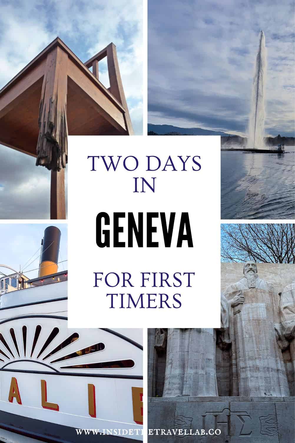 Collage of Geneva featuring the Jet d'Eau fountain, the Reformation Wall, a paddle steamer on Lake Geneva and the Broken Chair sculpture