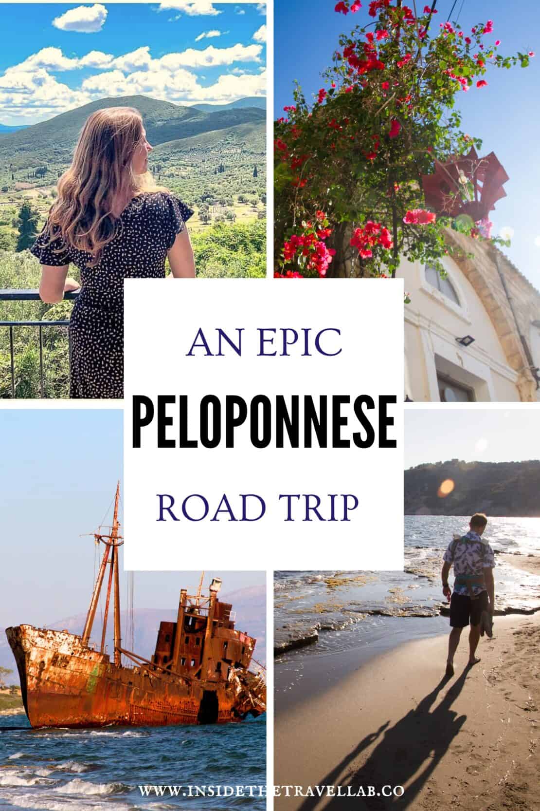 Woman looking across the Peloponnese landscape from a viewpoint, with a Greek coastal village, bougainvillaea covered building, shipwreck and beach scene