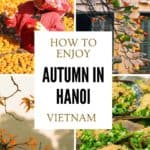 Collage of autumn in Hanoi featuring a street vendor with persimmons, golden autumn leaves and traditional Vietnamese food
