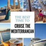 Collage of a Mediterranean cruise with Greek ruins, cruise ship decks, sea views and a large cruise ship in port