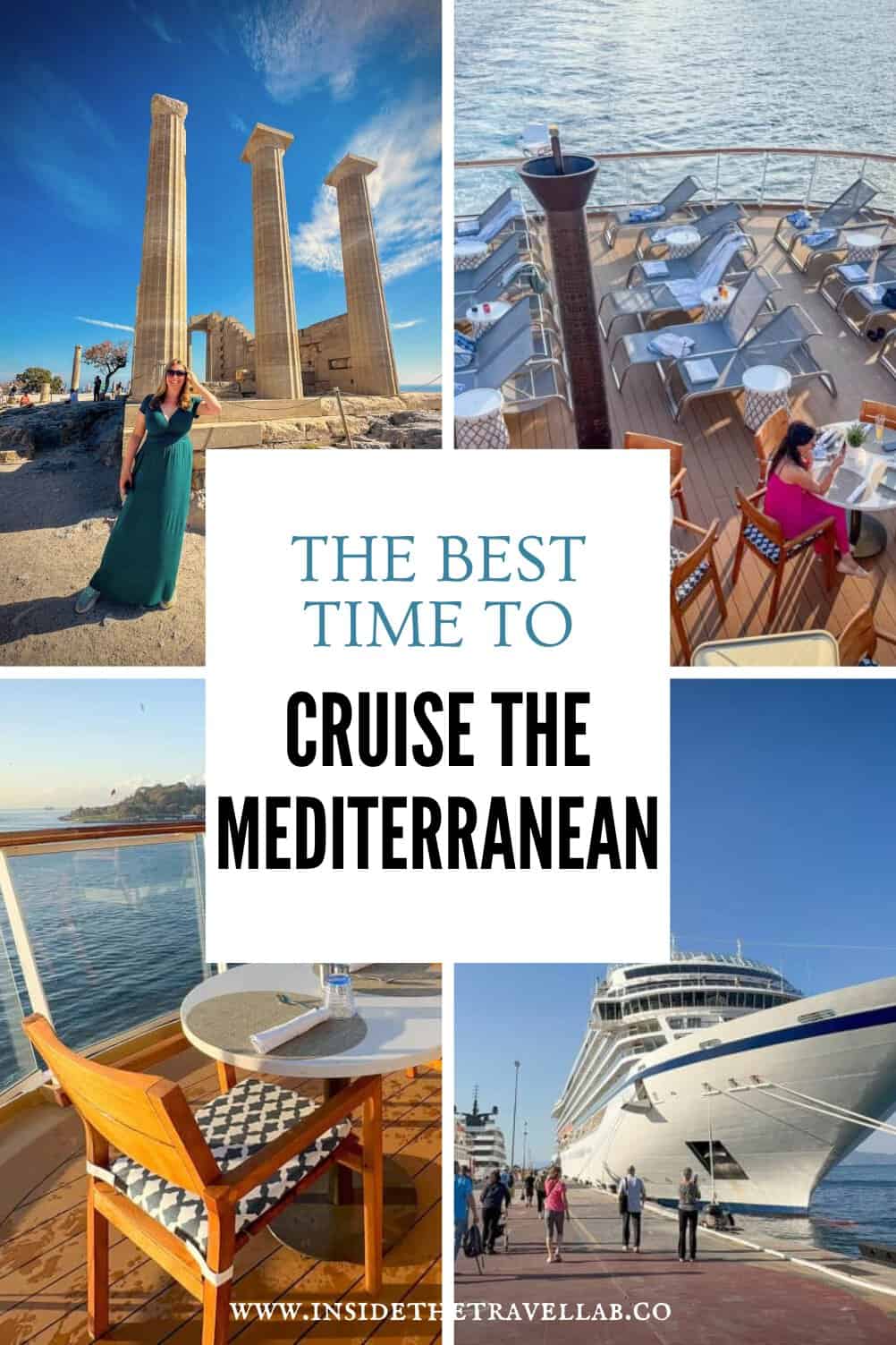 Collage of a Mediterranean cruise with Greek ruins, cruise ship decks, sea views and a large cruise ship in port