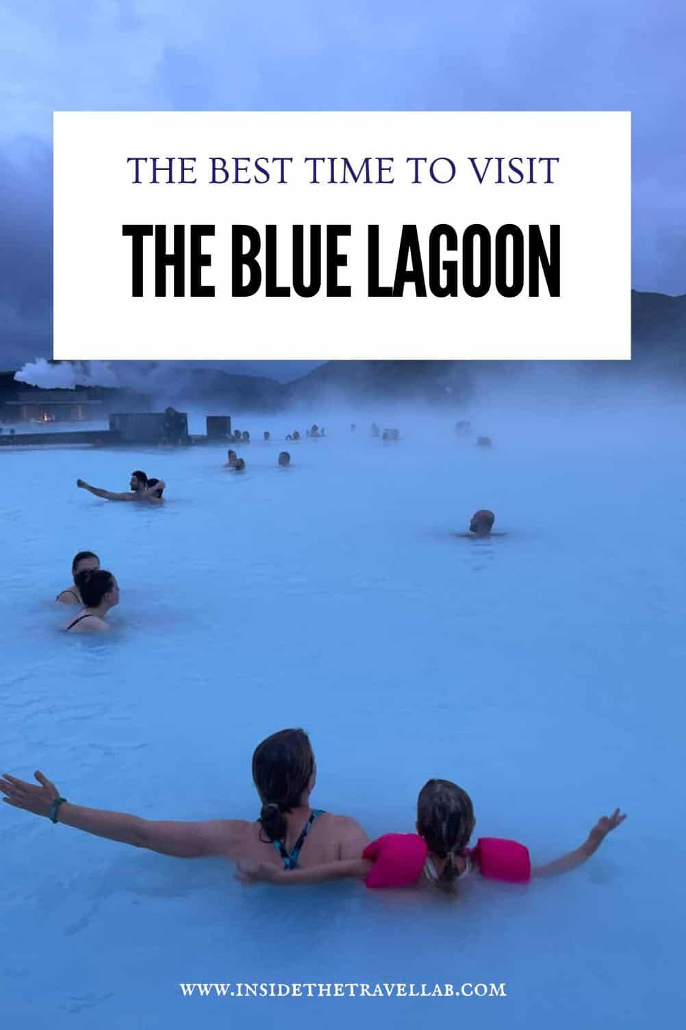 People relaxing in the Blue Lagoon geothermal spa in Iceland surrounded by steaming blue water at dusk