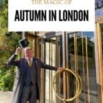 Autumn in London with a traditional London hotel doorman in a top hat standing outside an elegant hotel entrance in golden autumn sunshine