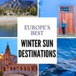Collage of European winter sun destinations showing a mountain and beach, a blue building, Seville's Plaza de España and clear blue Mediterranean water