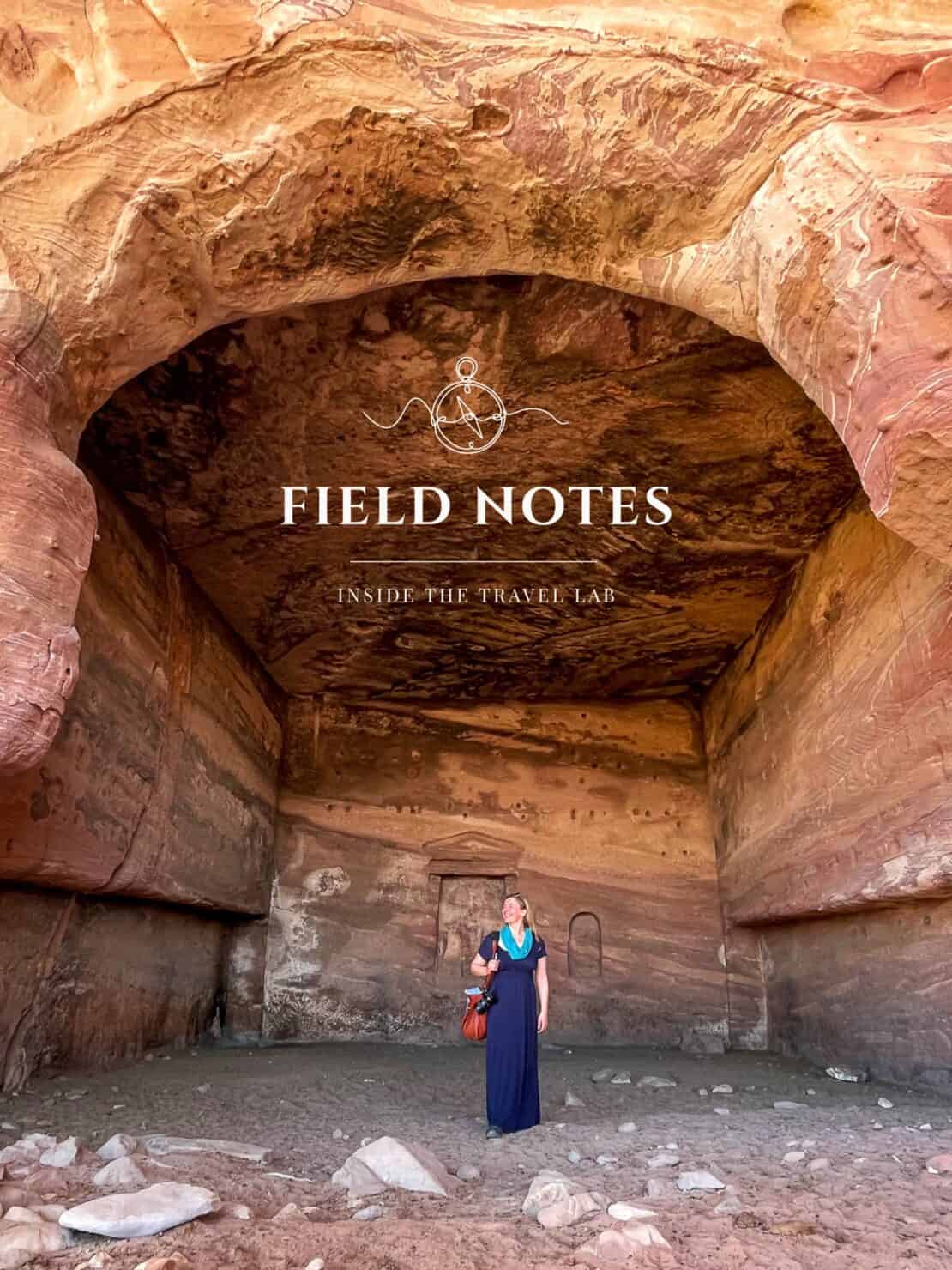 Abigail King in a quiet part of Petra with the Field Notes logo