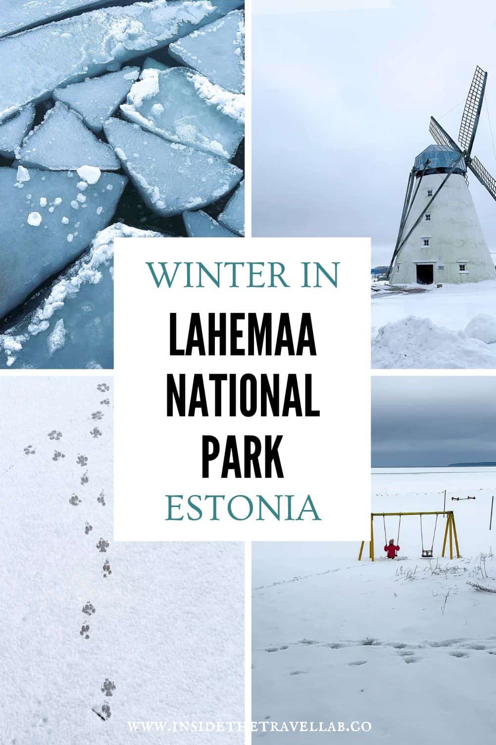 Collage of Lahemaa National Park in winter showing frozen sea ice, a snow-covered windmill, animal tracks in snow and a snowy landscape with swings