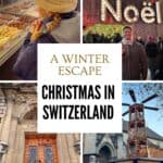 Collage of winter in Lausanne showing a child at a chocolate shop, a Christmas market, Lausanne Cathedral, a woman outside the cathedral and a festive market stall